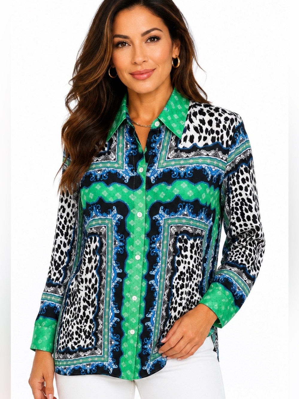 Allison Daley Animal Print Scarf Paisley Button Down Blouse Green Blue M